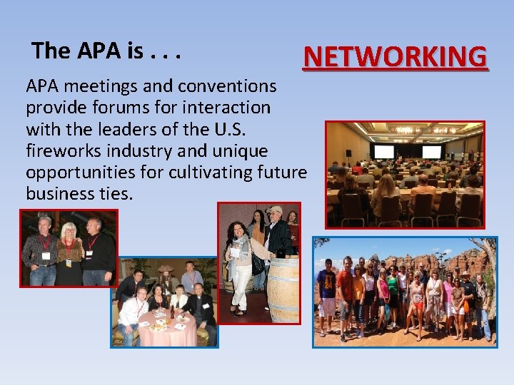 The APA is. . . NETWORKING APA meetings and conventions provide forums for interaction