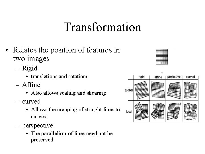 Transformation • Relates the position of features in two images – Rigid • translations Transformation • Relates the position of features in two images – Rigid • translations