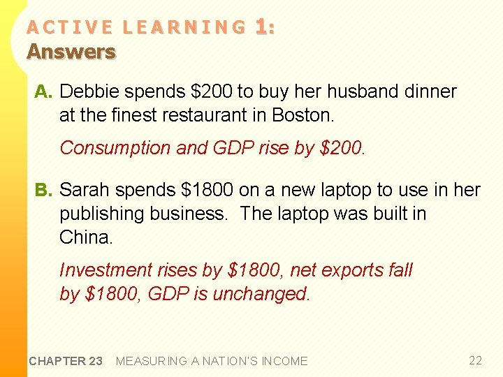 ACTIVE LEARNING Answers 1: A. Debbie spends $200 to buy her husband dinner at