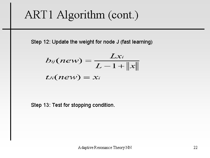ART 1 Algorithm (cont. ) Step 12: Update the weight for node J (fast