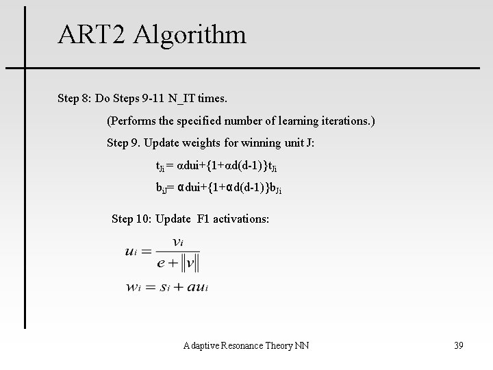 ART 2 Algorithm Step 8: Do Steps 9 -11 N_IT times. (Performs the specified