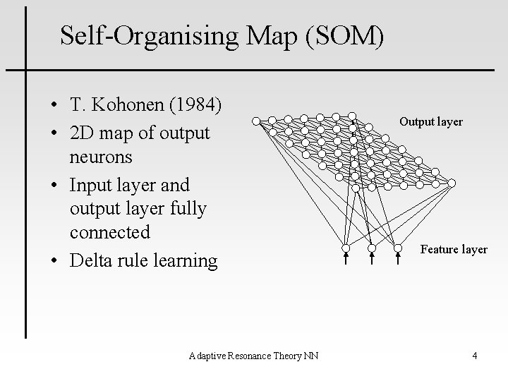 Self-Organising Map (SOM) • T. Kohonen (1984) • 2 D map of output neurons