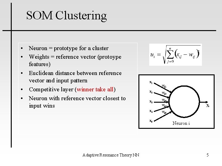 SOM Clustering • Neuron = prototype for a cluster • Weights = reference vector