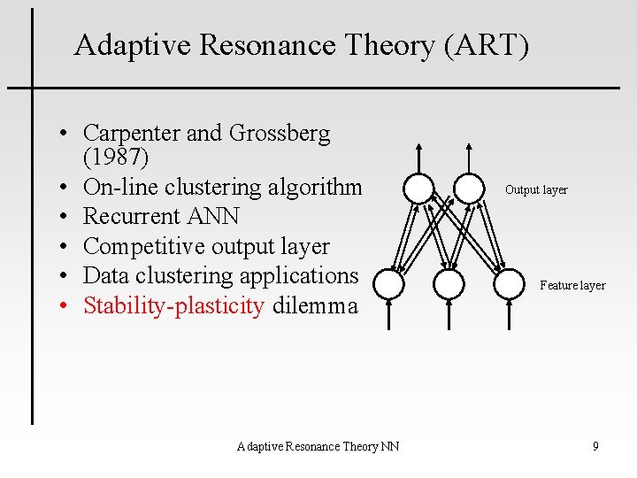 Adaptive Resonance Theory (ART) • Carpenter and Grossberg (1987) • On-line clustering algorithm •