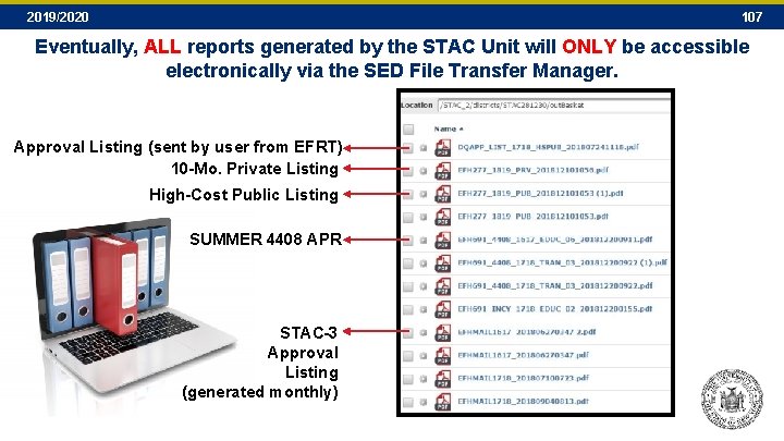 2019/2020 107 Eventually, ALL reports generated by the STAC Unit will ONLY be accessible 2019/2020 107 Eventually, ALL reports generated by the STAC Unit will ONLY be accessible