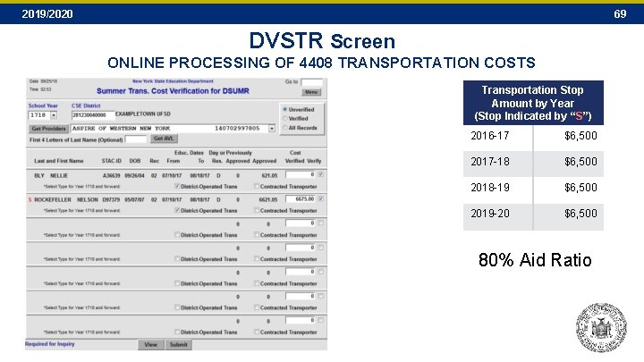 2019/2020 69 DVSTR Screen ONLINE PROCESSING OF 4408 TRANSPORTATION COSTS Transportation Stop Amount by 2019/2020 69 DVSTR Screen ONLINE PROCESSING OF 4408 TRANSPORTATION COSTS Transportation Stop Amount by