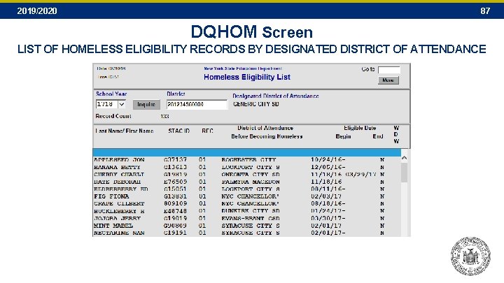 2019/2020 87 DQHOM Screen LIST OF HOMELESS ELIGIBILITY RECORDS BY DESIGNATED DISTRICT OF ATTENDANCE 2019/2020 87 DQHOM Screen LIST OF HOMELESS ELIGIBILITY RECORDS BY DESIGNATED DISTRICT OF ATTENDANCE