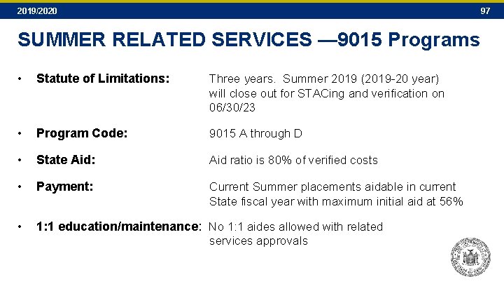 2019/2020 97 SUMMER RELATED SERVICES — 9015 Programs • Statute of Limitations: Three years. 2019/2020 97 SUMMER RELATED SERVICES — 9015 Programs • Statute of Limitations: Three years.