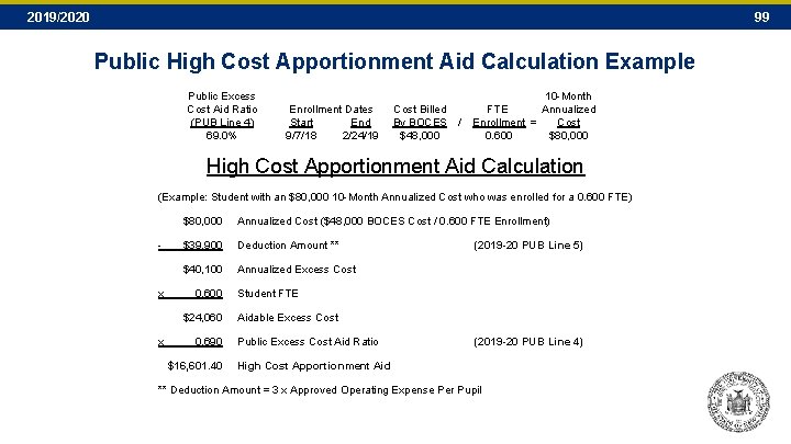 2019/2020 99 Public High Cost Apportionment Aid Calculation Example Public Excess Cost Aid Ratio 2019/2020 99 Public High Cost Apportionment Aid Calculation Example Public Excess Cost Aid Ratio