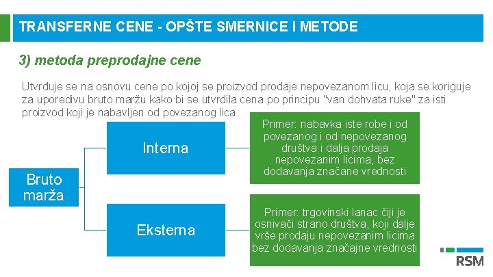 TRANSFERNE CENE - OPŠTE SMERNICE I METODE 3) metoda preprodajne cene Utvrđuje se na