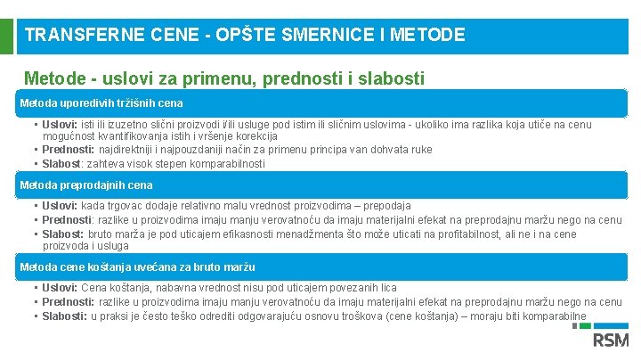 TRANSFERNE CENE - OPŠTE SMERNICE I METODE Metode - uslovi za primenu, prednosti i