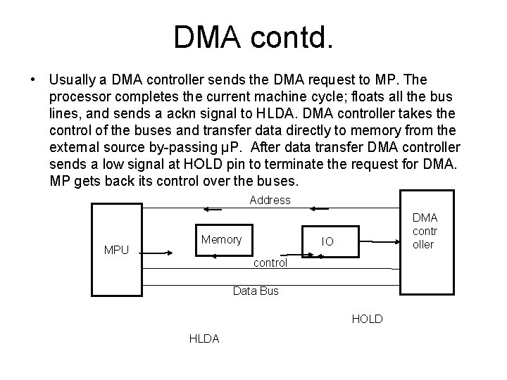 DMA contd. • Usually a DMA controller sends the DMA request to MP. The
