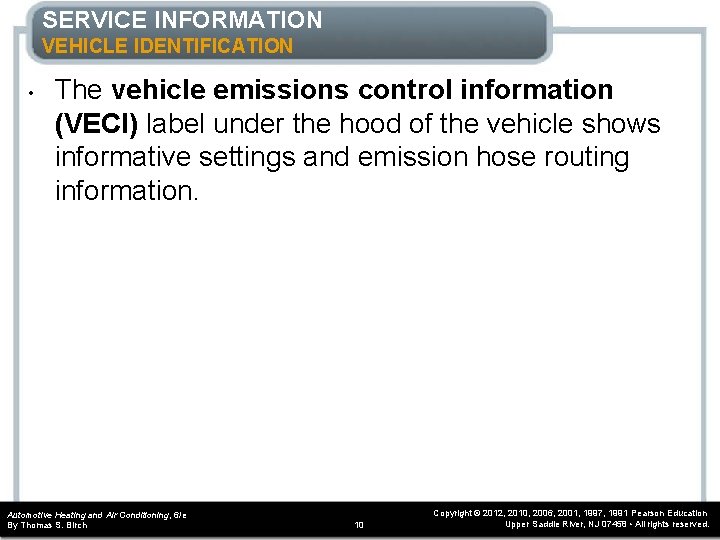 SERVICE INFORMATION VEHICLE IDENTIFICATION • The vehicle emissions control information (VECI) label under the SERVICE INFORMATION VEHICLE IDENTIFICATION • The vehicle emissions control information (VECI) label under the