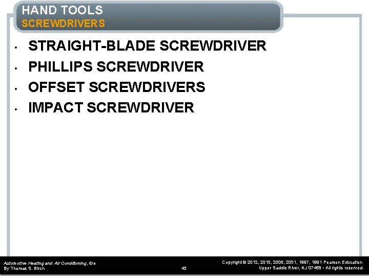 HAND TOOLS SCREWDRIVERS • • STRAIGHT-BLADE SCREWDRIVER PHILLIPS SCREWDRIVER OFFSET SCREWDRIVERS IMPACT SCREWDRIVER Automotive HAND TOOLS SCREWDRIVERS • • STRAIGHT-BLADE SCREWDRIVER PHILLIPS SCREWDRIVER OFFSET SCREWDRIVERS IMPACT SCREWDRIVER Automotive