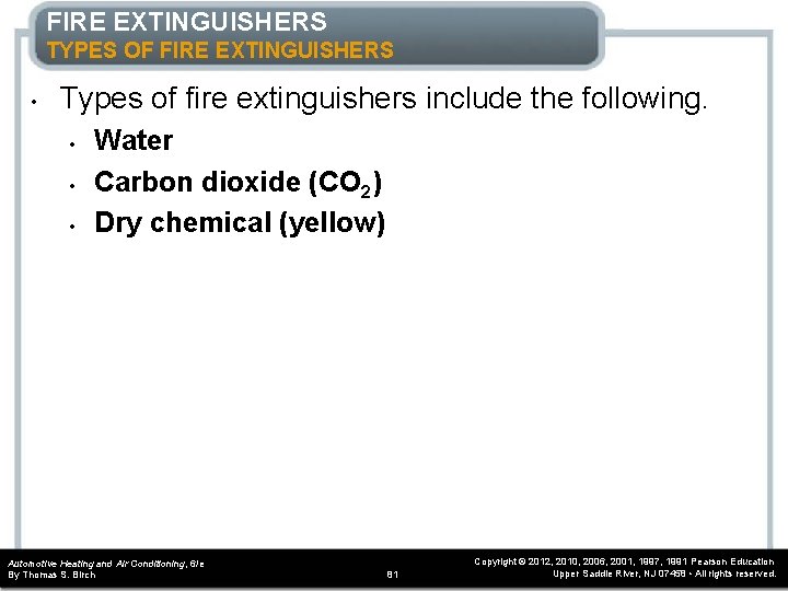 FIRE EXTINGUISHERS TYPES OF FIRE EXTINGUISHERS • Types of fire extinguishers include the following. FIRE EXTINGUISHERS TYPES OF FIRE EXTINGUISHERS • Types of fire extinguishers include the following.