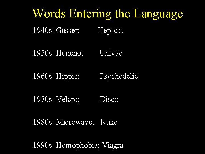 Words Entering the Language 1940 s: Gasser; Hep-cat 1950 s: Honcho; Univac 1960 s: Words Entering the Language 1940 s: Gasser; Hep-cat 1950 s: Honcho; Univac 1960 s: