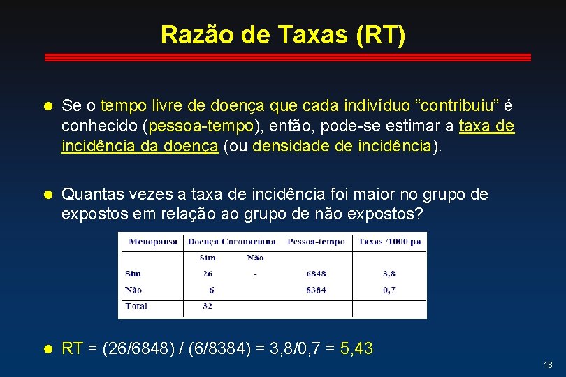 Razão de Taxas (RT) l Se o tempo livre de doença que cada indivíduo Razão de Taxas (RT) l Se o tempo livre de doença que cada indivíduo