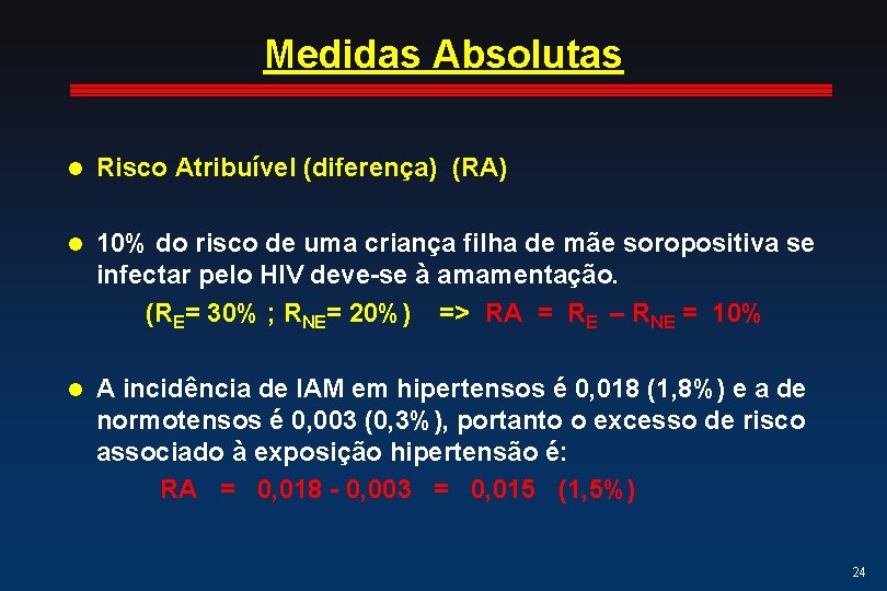 Medidas Absolutas l Risco Atribuível (diferença) (RA) l 10% do risco de uma criança Medidas Absolutas l Risco Atribuível (diferença) (RA) l 10% do risco de uma criança