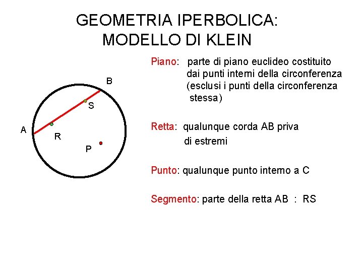  GEOMETRIA IPERBOLICA: MODELLO DI KLEIN Piano: parte di piano euclideo costituito dai punti