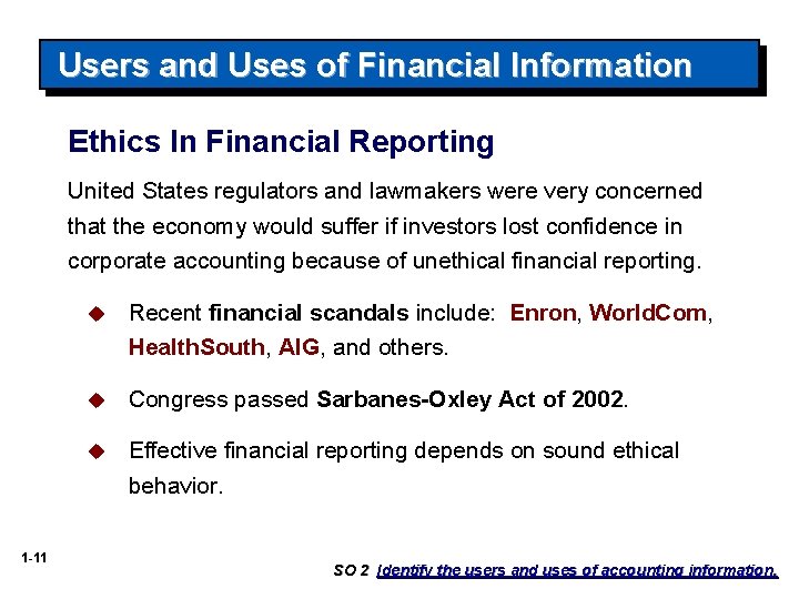 Users and Uses of Financial Information Ethics In Financial Reporting United States regulators and