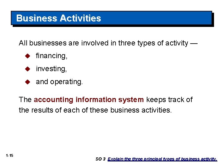 Business Activities All businesses are involved in three types of activity — u financing,