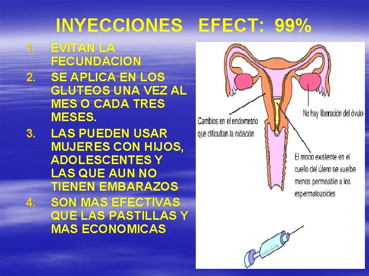 INYECCIONES EFECT: 99% 1. 2. 3. 4. EVITAN LA FECUNDACION SE APLICA EN LOS