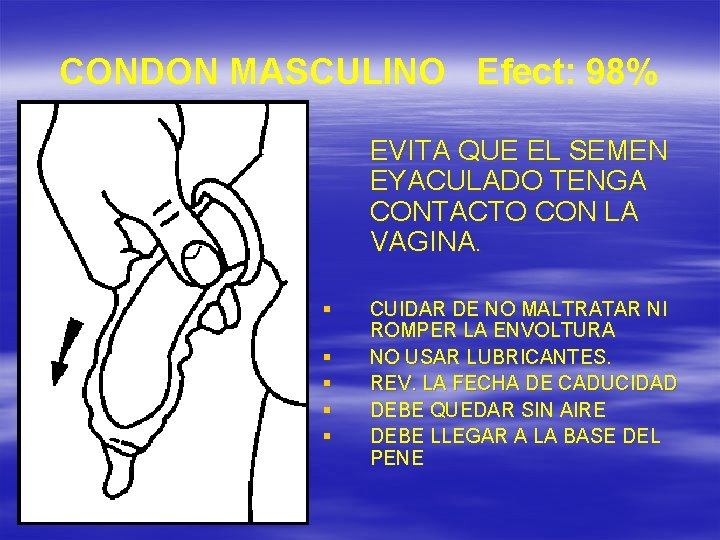 CONDON MASCULINO Efect: 98% EVITA QUE EL SEMEN EYACULADO TENGA CONTACTO CON LA VAGINA.