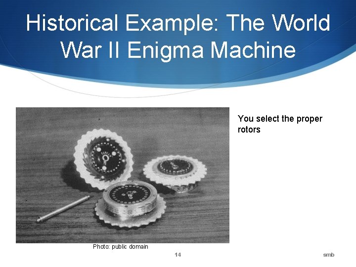 Historical Example: The World War II Enigma Machine You select the proper rotors Photo: