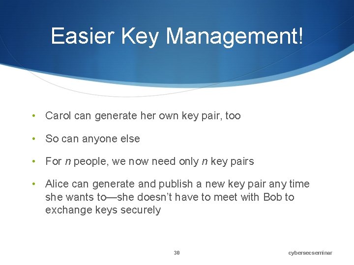 Easier Key Management! • Carol can generate her own key pair, too • So
