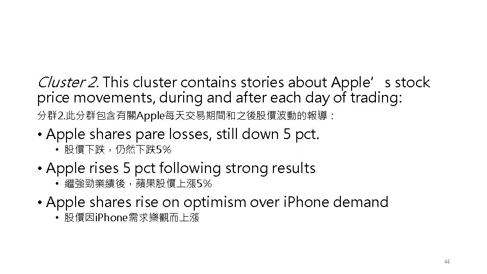 Cluster 2. This cluster contains stories about Apple’s stock price movements, during and after