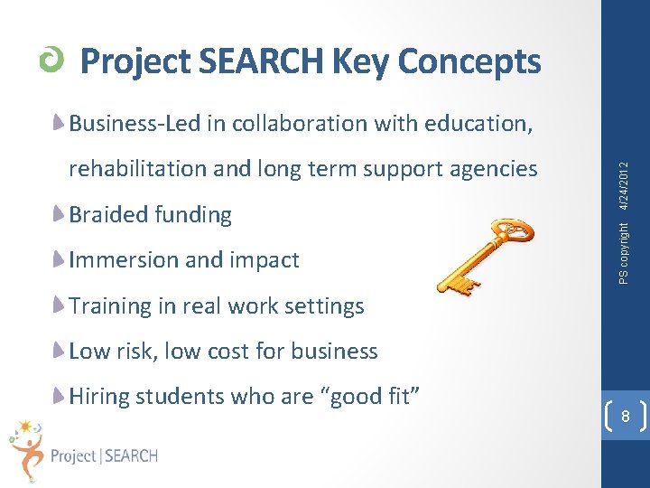 Project SEARCH Key Concepts Braided funding Immersion and impact PS copyright rehabilitation and long