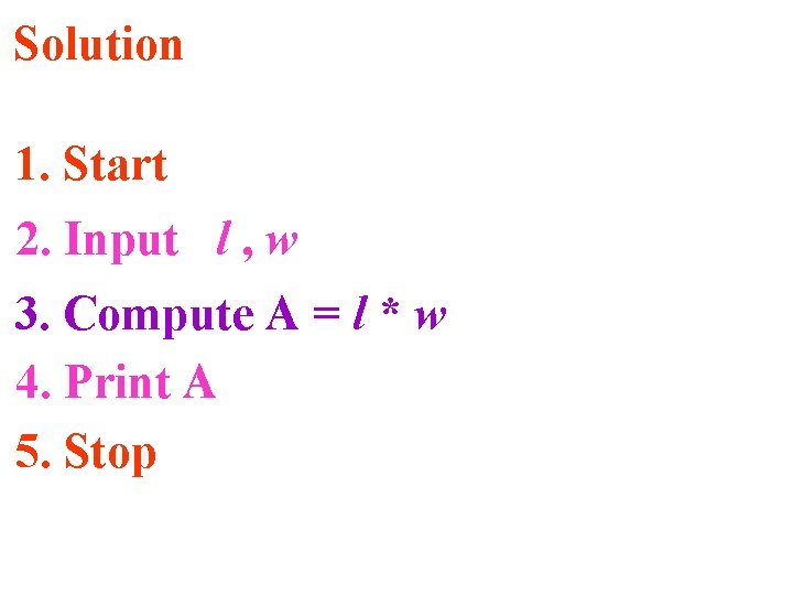Solution 1. Start 2. Input l , w 3. Compute A = l *