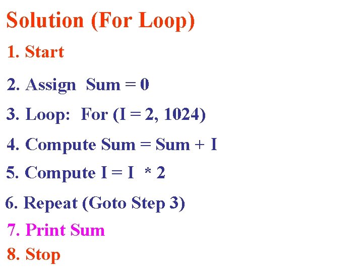 Solution (For Loop) 1. Start 2. Assign Sum = 0 3. Loop: For (I