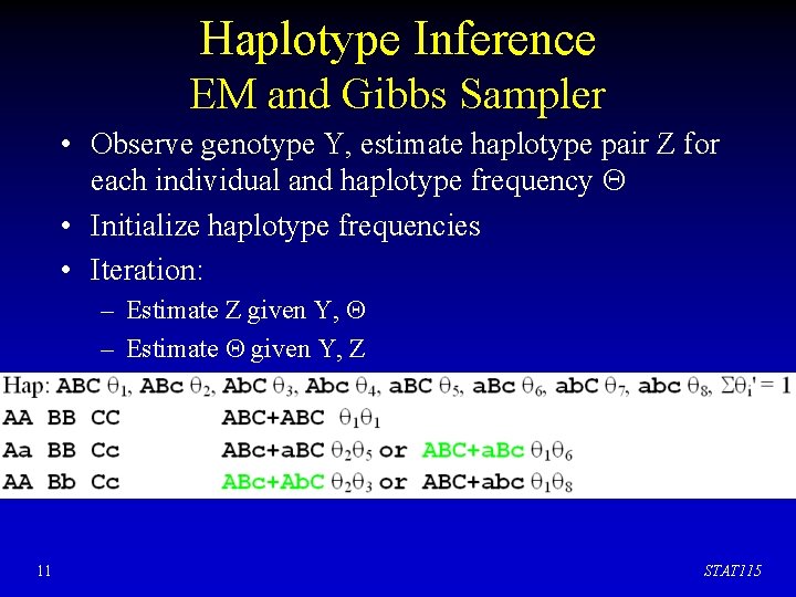 Haplotype Inference EM and Gibbs Sampler • Observe genotype Y, estimate haplotype pair Z