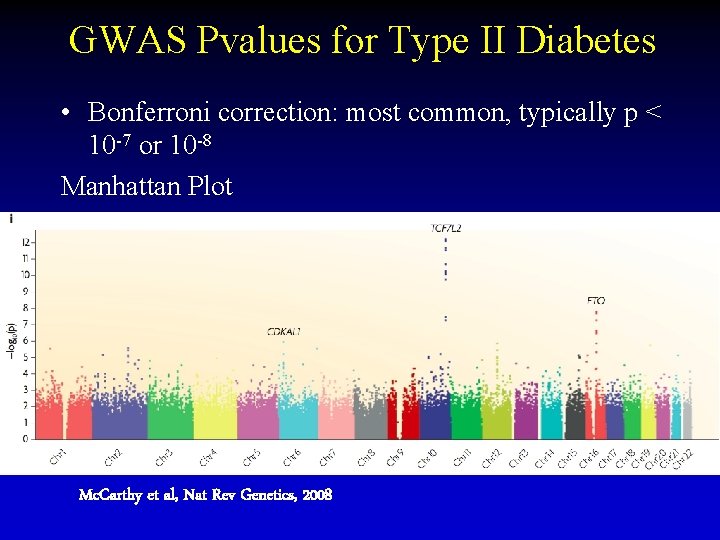 GWAS Pvalues for Type II Diabetes • Bonferroni correction: most common, typically p <