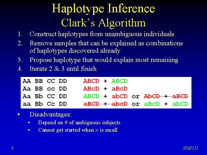 Haplotype Inference Clark’s Algorithm 1. Construct haplotypes from unambiguous individuals 2. Remove samples that