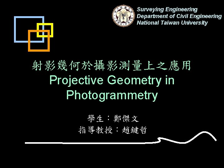 Surveying Engineering Department of Civil Engineering National Taiwan University 射影幾何於攝影測量上之應用 Projective Geometry in Photogrammetry