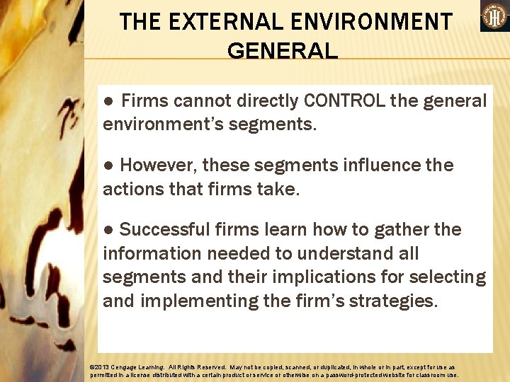 THE EXTERNAL ENVIRONMENT GENERAL ● Firms cannot directly CONTROL the general environment’s segments. ●