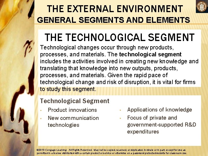 THE EXTERNAL ENVIRONMENT GENERAL SEGMENTS AND ELEMENTS THE TECHNOLOGICAL SEGMENT Technological changes occur through