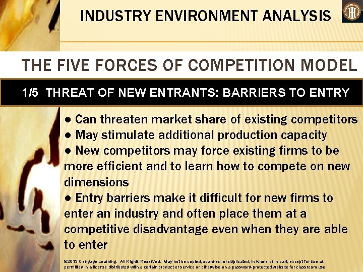 INDUSTRY ENVIRONMENT ANALYSIS THE FIVE FORCES OF COMPETITION MODEL 1/5 THREAT OF NEW ENTRANTS: