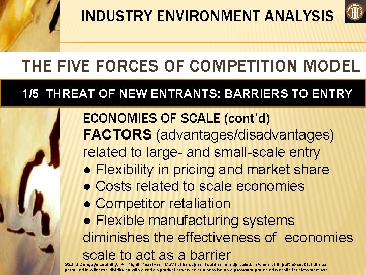 INDUSTRY ENVIRONMENT ANALYSIS THE FIVE FORCES OF COMPETITION MODEL 1/5 THREAT OF NEW ENTRANTS: