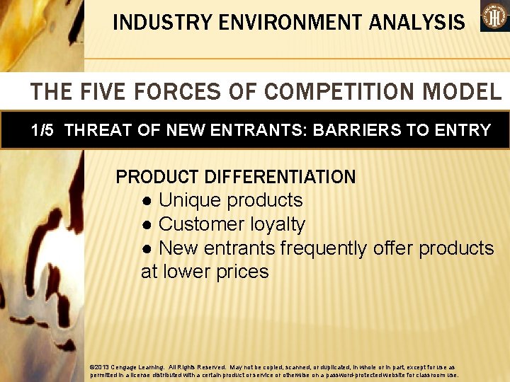 INDUSTRY ENVIRONMENT ANALYSIS THE FIVE FORCES OF COMPETITION MODEL 1/5 THREAT OF NEW ENTRANTS: