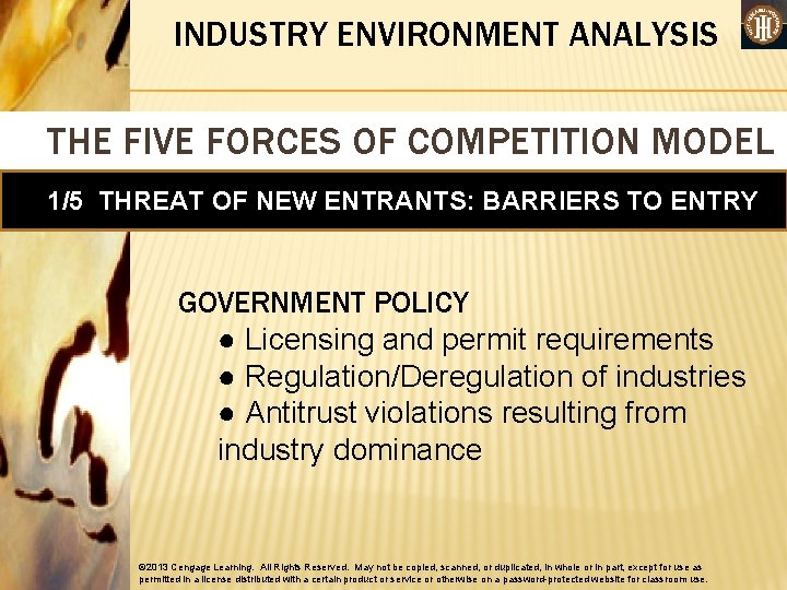 INDUSTRY ENVIRONMENT ANALYSIS THE FIVE FORCES OF COMPETITION MODEL 1/5 THREAT OF NEW ENTRANTS: