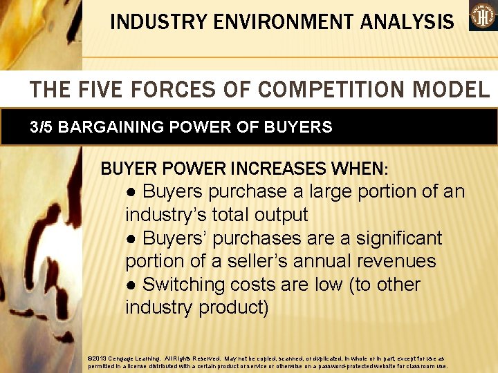 INDUSTRY ENVIRONMENT ANALYSIS THE FIVE FORCES OF COMPETITION MODEL 3/5 BARGAINING POWER OF BUYERS