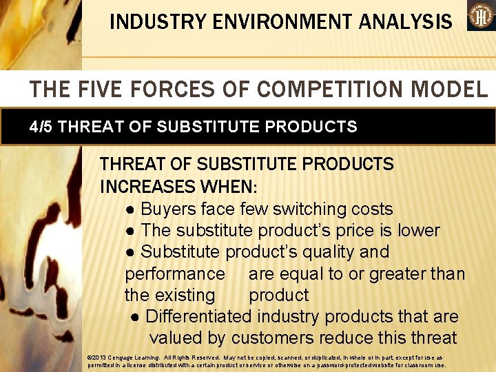 INDUSTRY ENVIRONMENT ANALYSIS THE FIVE FORCES OF COMPETITION MODEL 4/5 THREAT OF SUBSTITUTE PRODUCTS