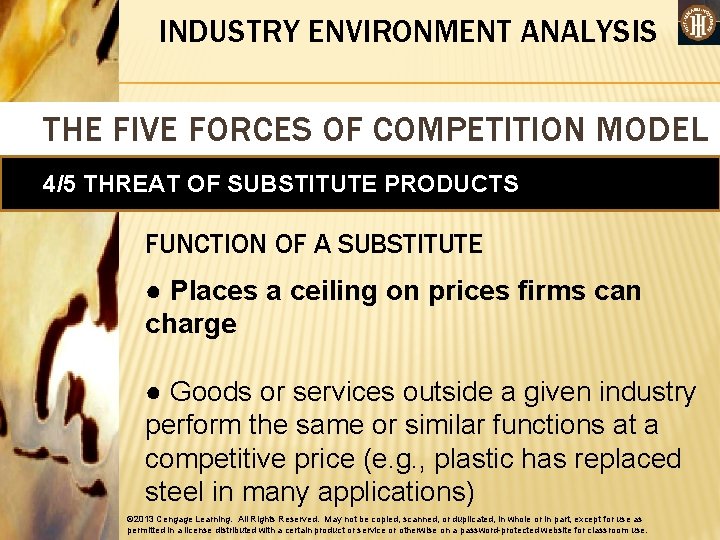 INDUSTRY ENVIRONMENT ANALYSIS THE FIVE FORCES OF COMPETITION MODEL 4/5 THREAT OF SUBSTITUTE PRODUCTS