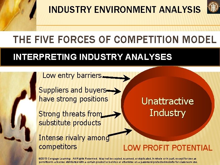 INDUSTRY ENVIRONMENT ANALYSIS THE FIVE FORCES OF COMPETITION MODEL INTERPRETING INDUSTRY ANALYSES Low entry