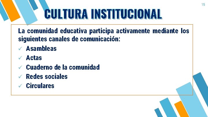 CULTURA INSTITUCIONAL La comunidad educativa participa activamente mediante los siguientes canales de comunicación: ü