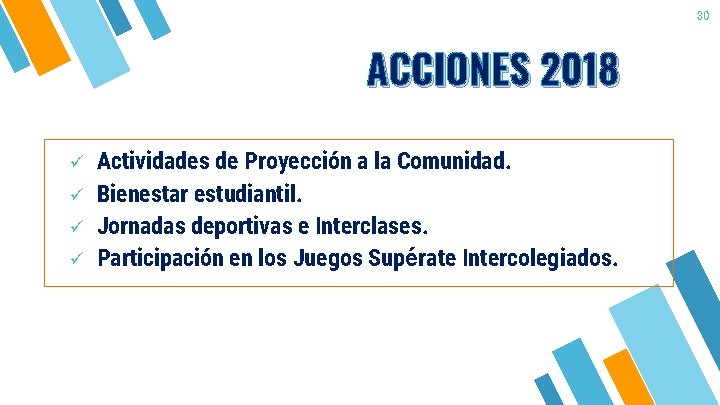 30 ACCIONES 2018 ü ü Actividades de Proyección a la Comunidad. Bienestar estudiantil. Jornadas