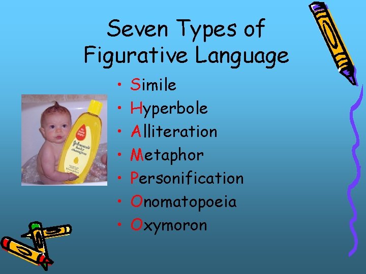 Seven Types of Figurative Language • • Simile Hyperbole Alliteration Metaphor Personification Onomatopoeia Oxymoron Seven Types of Figurative Language • • Simile Hyperbole Alliteration Metaphor Personification Onomatopoeia Oxymoron